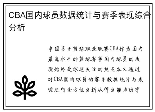 CBA国内球员数据统计与赛季表现综合分析
