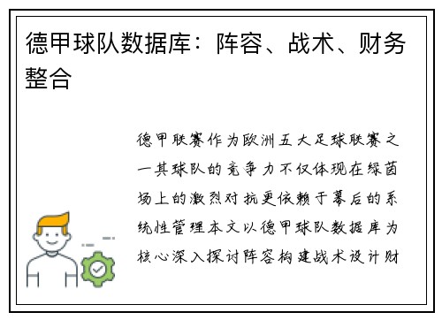 德甲球队数据库：阵容、战术、财务整合